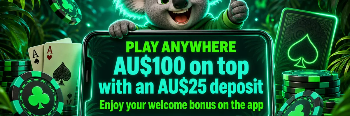 Kev holds a glowing mobile device beside oversized poker chips and jungle leaves, presenting a bright mobile casino promotion in the Fair Go visual style.
