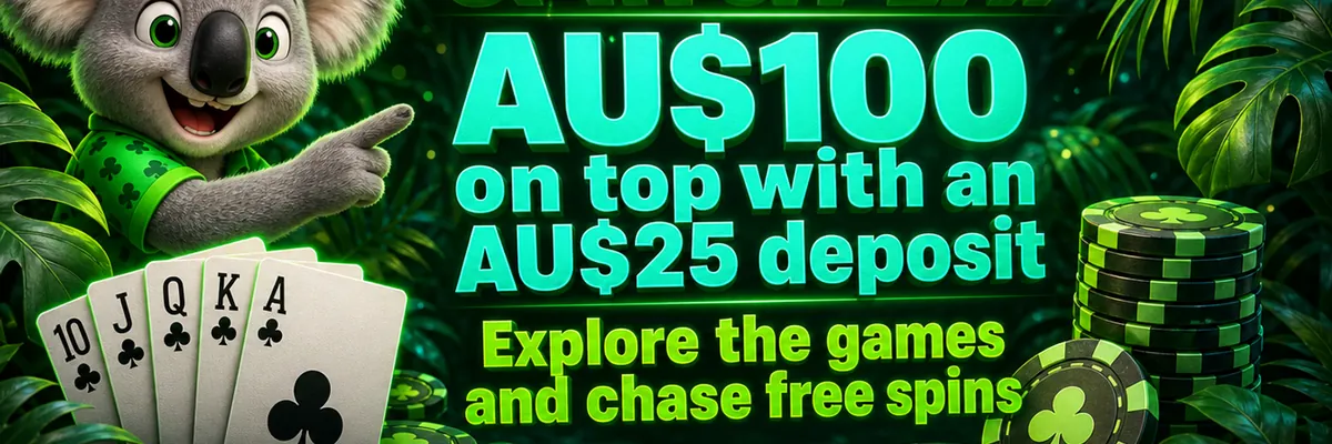 Kev the koala leans over a fan of playing cards and bright poker chips in a lush jungle scene, inviting players to explore games and chase free spins.